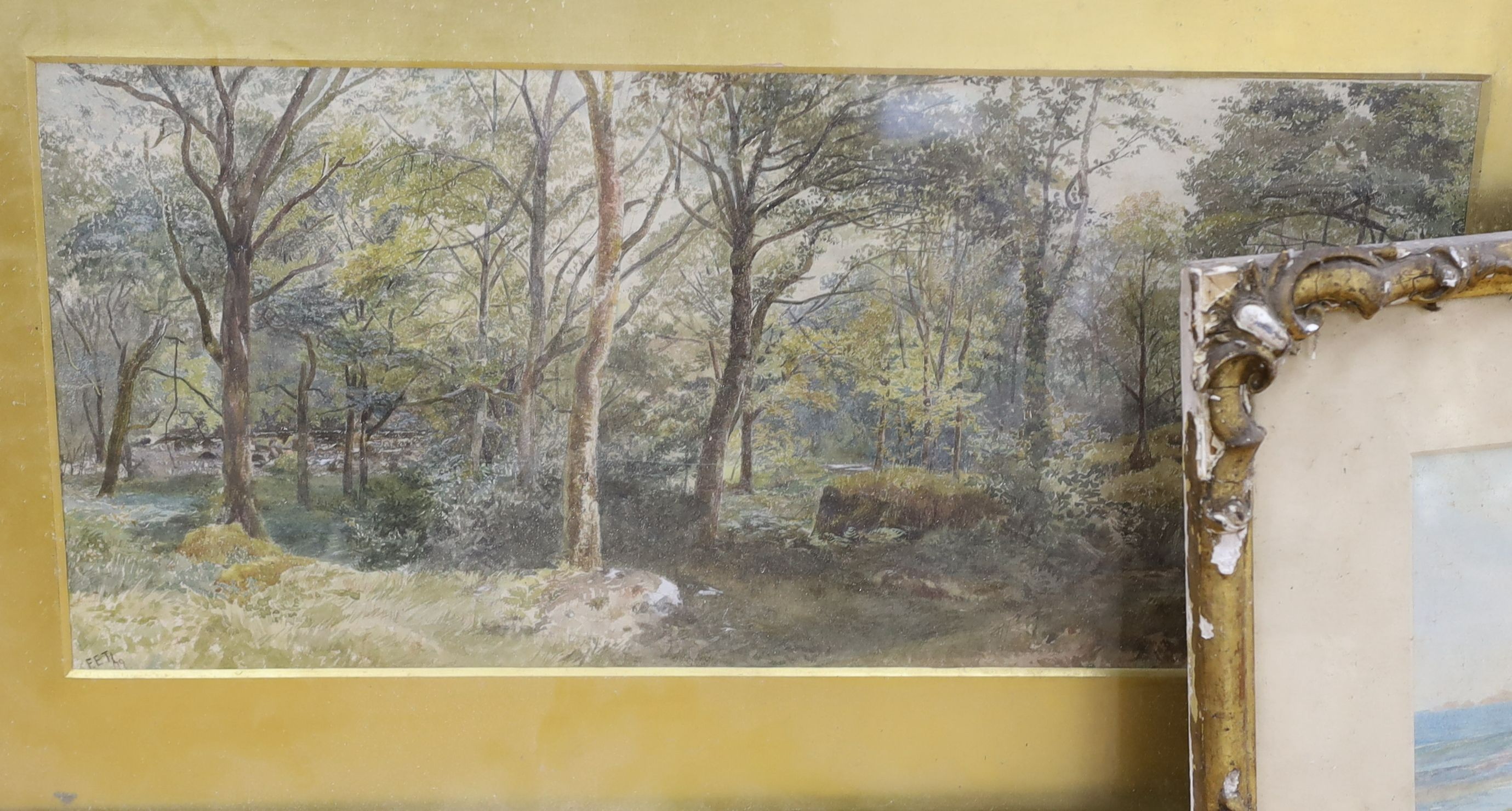 F.E. Thomas (19th C.), three watercolours, 'In a wood, Clackford, South Devon', 'Les Autelets, Sark' and Rocks beside the shore, two with artist labels verso, 24 x 52cm, 14 x 47cm and 27 x 36cm